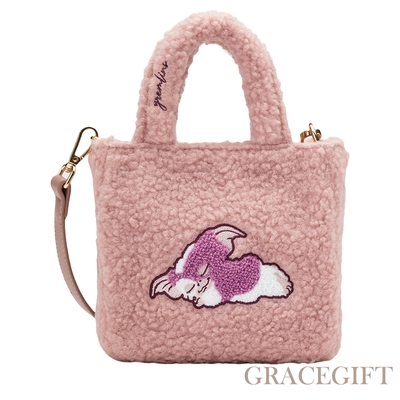 【Grace Gift】GREMLINS-小精靈可愛大頭電繡手提斜背毛毛包 粉