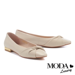 低跟鞋 MODA Luxury 典雅扭結全真皮小方頭低跟鞋－米