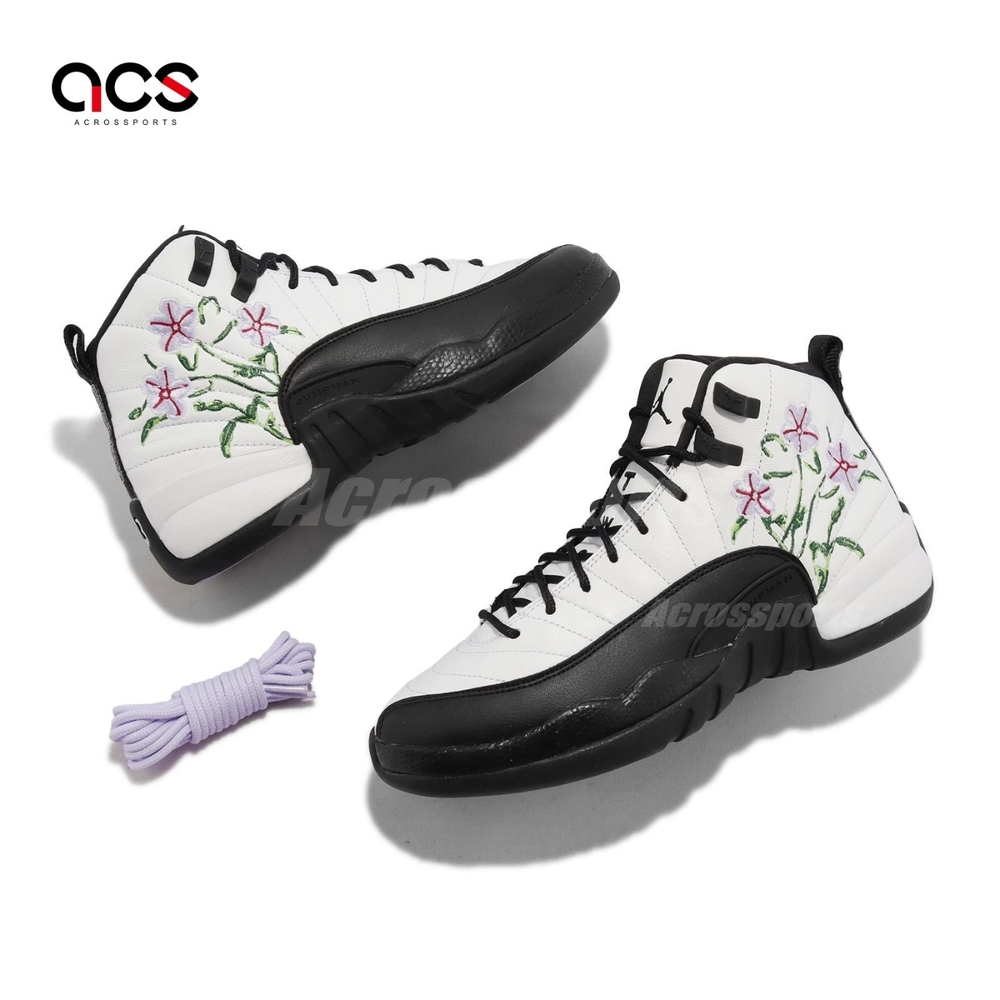 Nike Air Jordan 12 Retro GS 大童鞋女鞋白黑花緩震Floral 刺繡DR6956