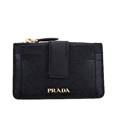 PRADA 經典Saffiano金字防刮十字紋牛皮卡夾零錢包 (黑色)