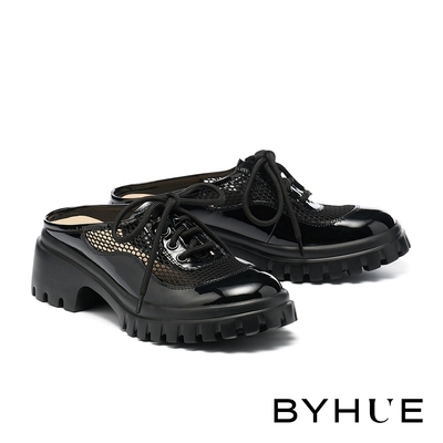 穆勒鞋 BYHUE 質感中性調網布拼漆皮軟芯厚底穆勒拖鞋－黑