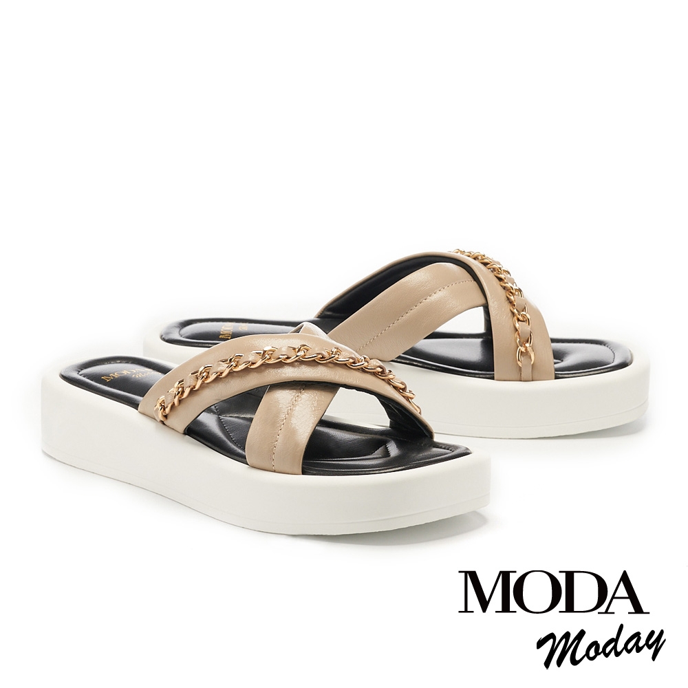 拖鞋  MODA MODAY 簡約百搭交叉寬繫帶布紋牛油皮厚底拖鞋－可可