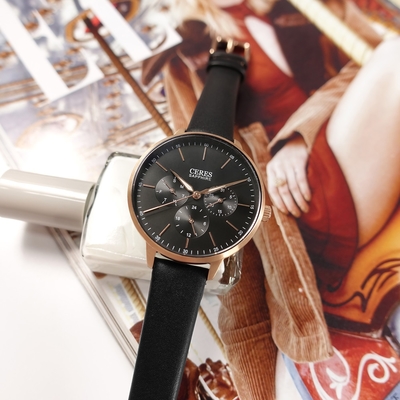 EROS CERES / 經典三眼 優雅迷人 米蘭編織不鏽鋼手錶 禮盒組-黑x玫瑰金框/36mm