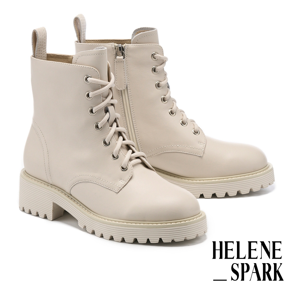 (時尚美靴)短靴 HELENE_SPARK 簡約率性街頭全真皮綁帶厚底短靴－白