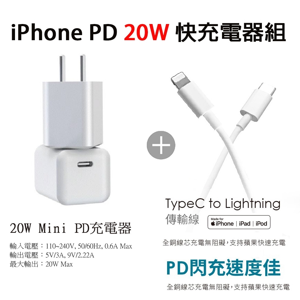 HERO iPhone 20W Mini PD充電器+Type-C to Lightning 蘋果認證PD快充線