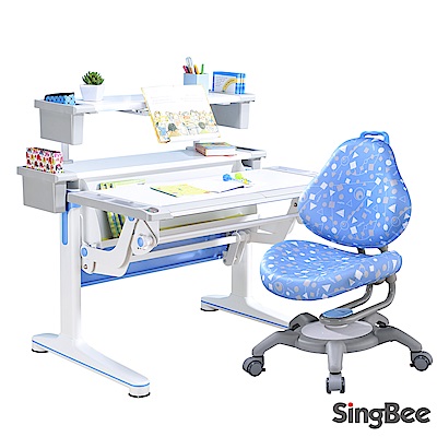 【SingBee 欣美】寬105cm KDG-105 氣壓桌+上層板+133椅-藍/粉(書桌椅 兒童桌椅 兒童書桌椅 升降桌)