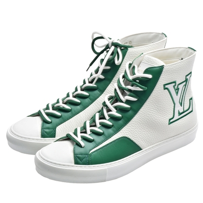 LV FA0231-GR 品牌LOGO牛皮高筒休閒鞋(白綠色)
