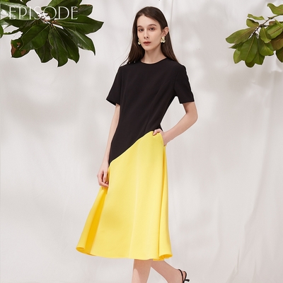 EPISODE - 寬鬆雙色拼接裙擺短袖長洋裝133X72