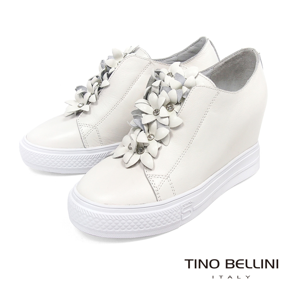 Tino Bellini 立體皮革繁花亮鑽內增高厚底休閒鞋 _ 白