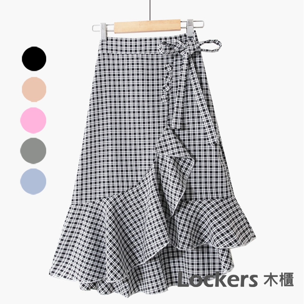 【Lockers 木櫃】韓版顯瘦綁帶高腰荷葉邊不規則半身裙-5色 L110007074