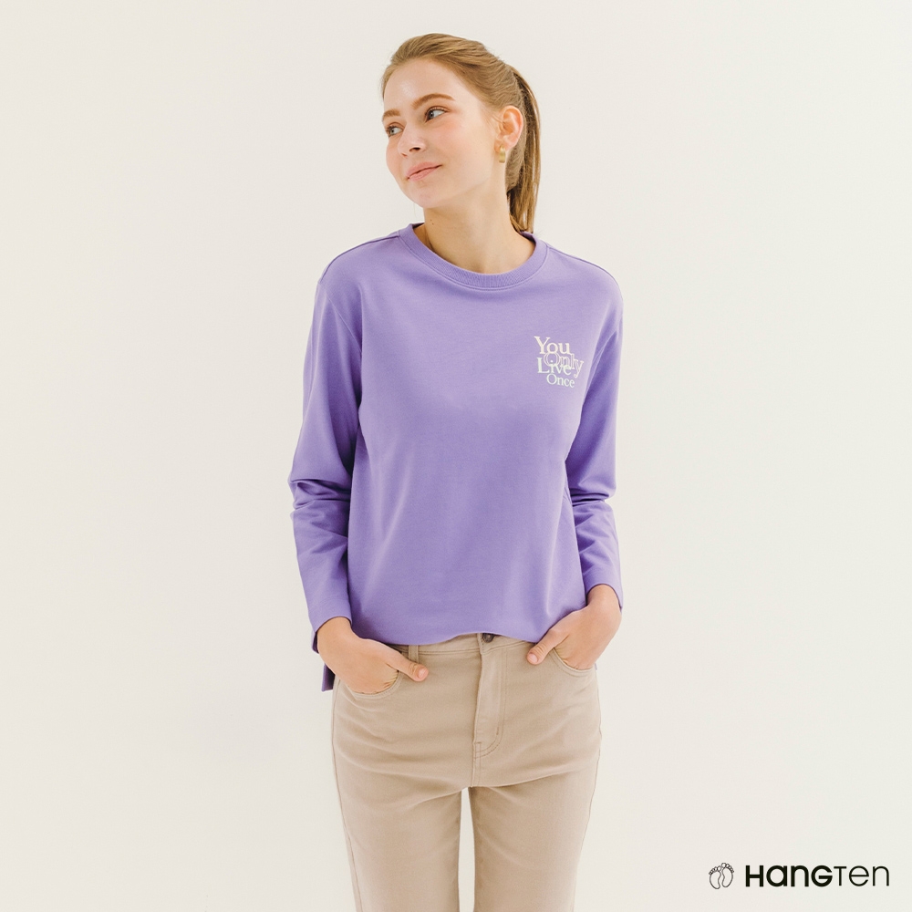 Hang Ten-女裝-毛巾布標語印花長袖上衣-粉紫