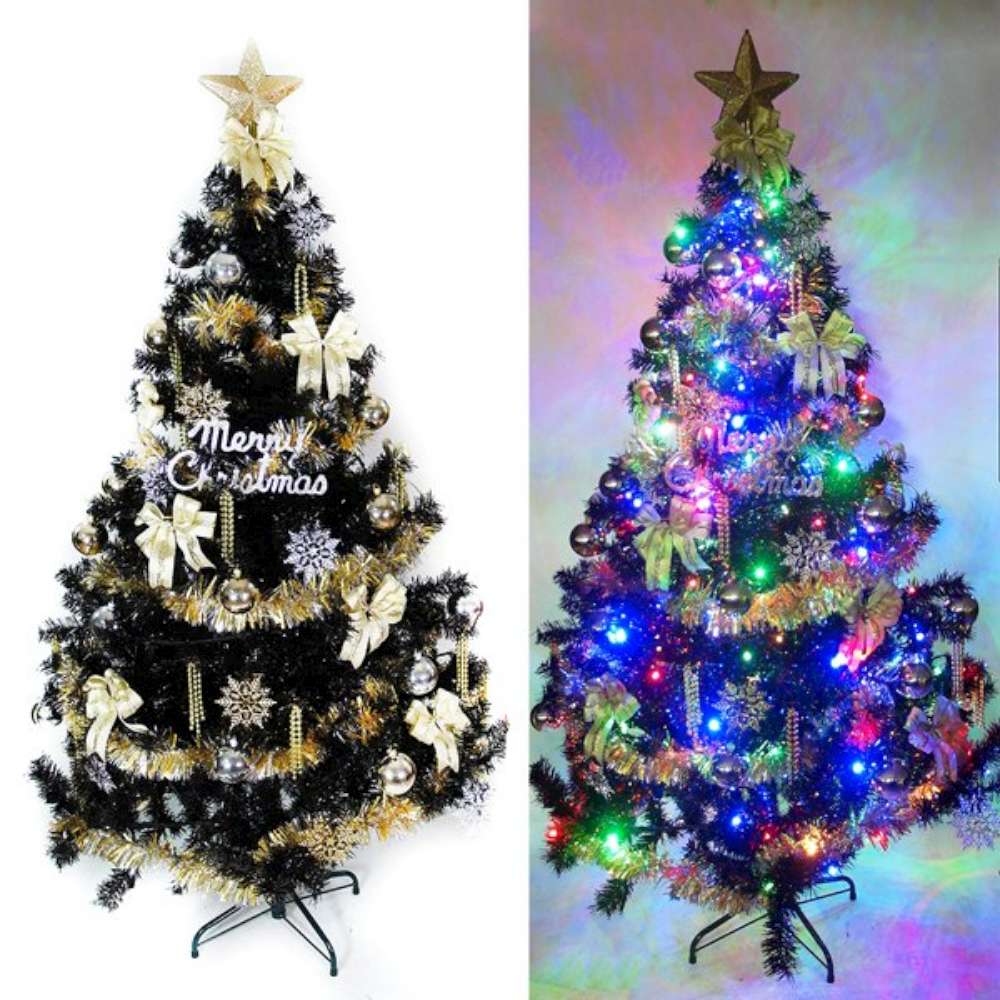【摩達客】5尺豪華版黑色聖誕樹(金銀色系配件組)+100燈LED燈彩光2串(附跳機控制器)