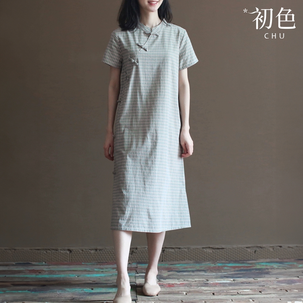 初色 復古中式改良旗袍格紋格子立領盤扣短袖中長裙連衣裙連身洋裝-綠格-35279(M-2XL可選)
