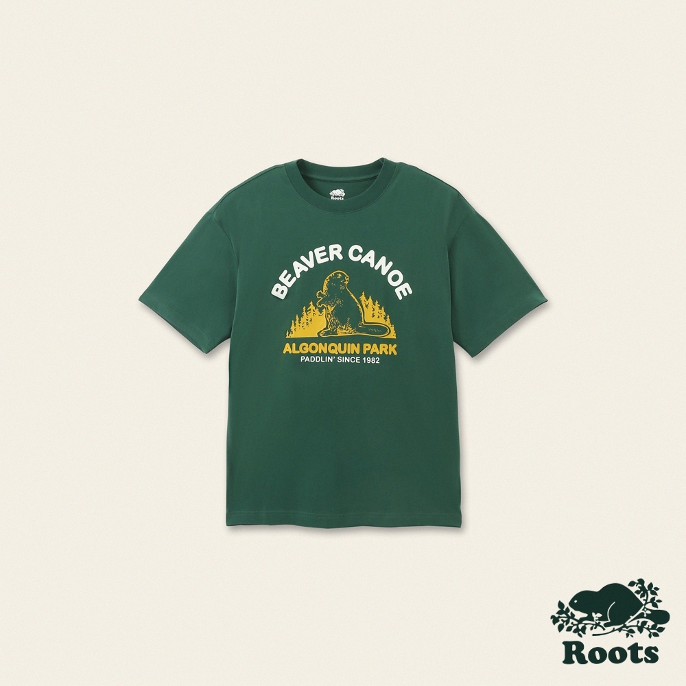 Roots男女共款-海狸獨木舟系列 海狸LOGO有機棉短袖T恤-森林綠 product image 1