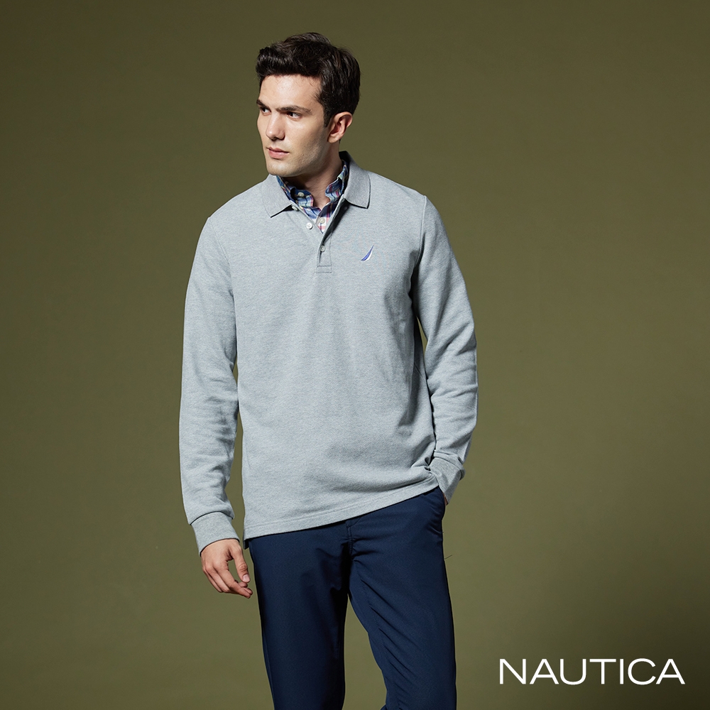 NAUTICA男裝 品牌LOGO簡約刺繡長袖POLO衫-灰