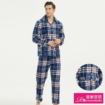 睡衣 聖誕藍 極暖超柔軟水貂絨男性長袖兩件式睡衣(R08237-10藍格紋) 蕾妮塔塔