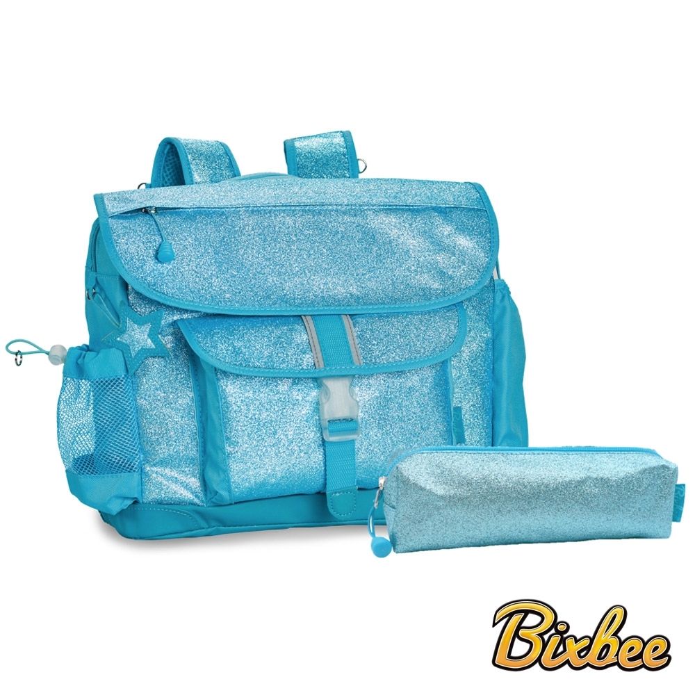 美國Bixbee - 閃采系列冰雪藍大童輕量減壓背書包筆袋超值組