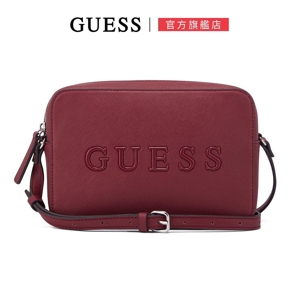 【GUESS】簡約素色LOGO肩背方包-酒紅