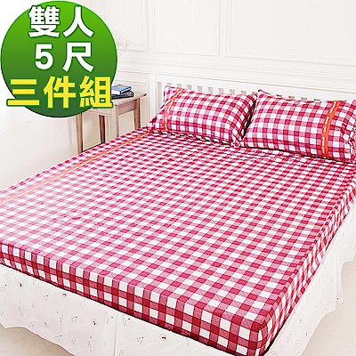 奶油獅-格紋系列-台灣製造-100%精梳純棉床包三件組-紅-雙人5尺