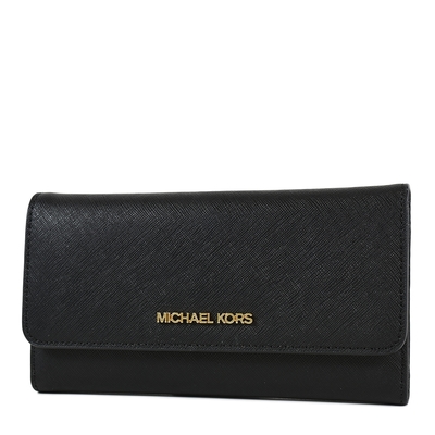 MICHAEL KORS 金字小LOGO素面防刮皮革三折長夾-黑色