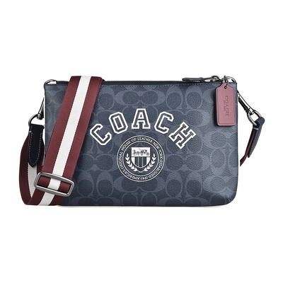 COACH EVERETT白字LOGO滿版印花PVC雙拉鍊設計斜背包(丹寧藍)