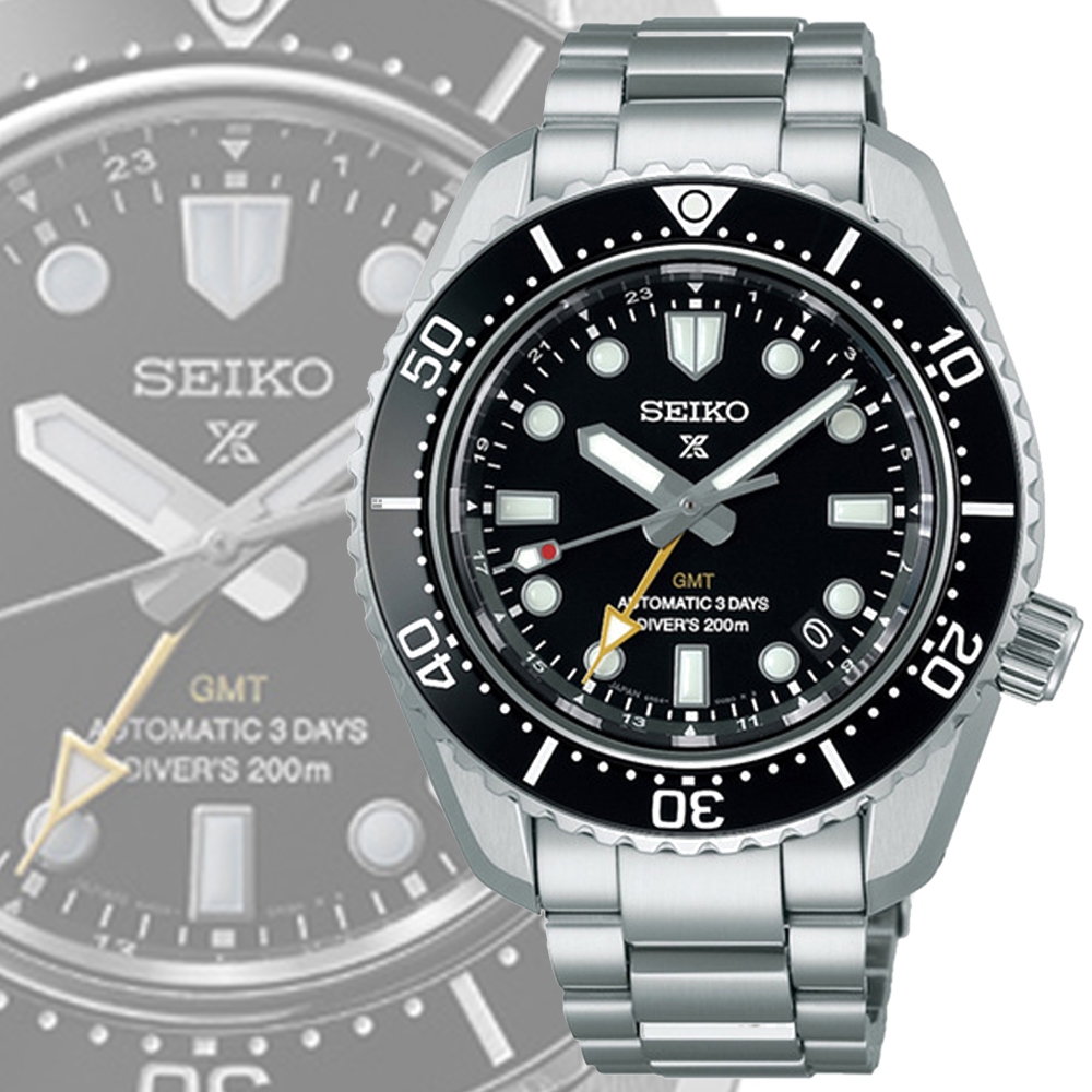 SEIKO 精工 PROSPEX GMT 兩地時間陶瓷錶圈 200米潛水錶-黑42mm SPB383J1/6R54-00D0D