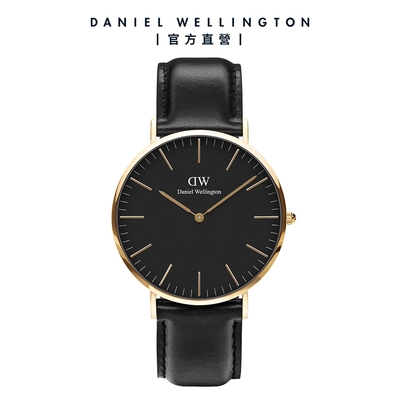 Daniel Wellington DW 手錶 Petite Sheffield 32mm爵士黑真皮皮革錶-黑錶盤-香檳金框 DW00100547