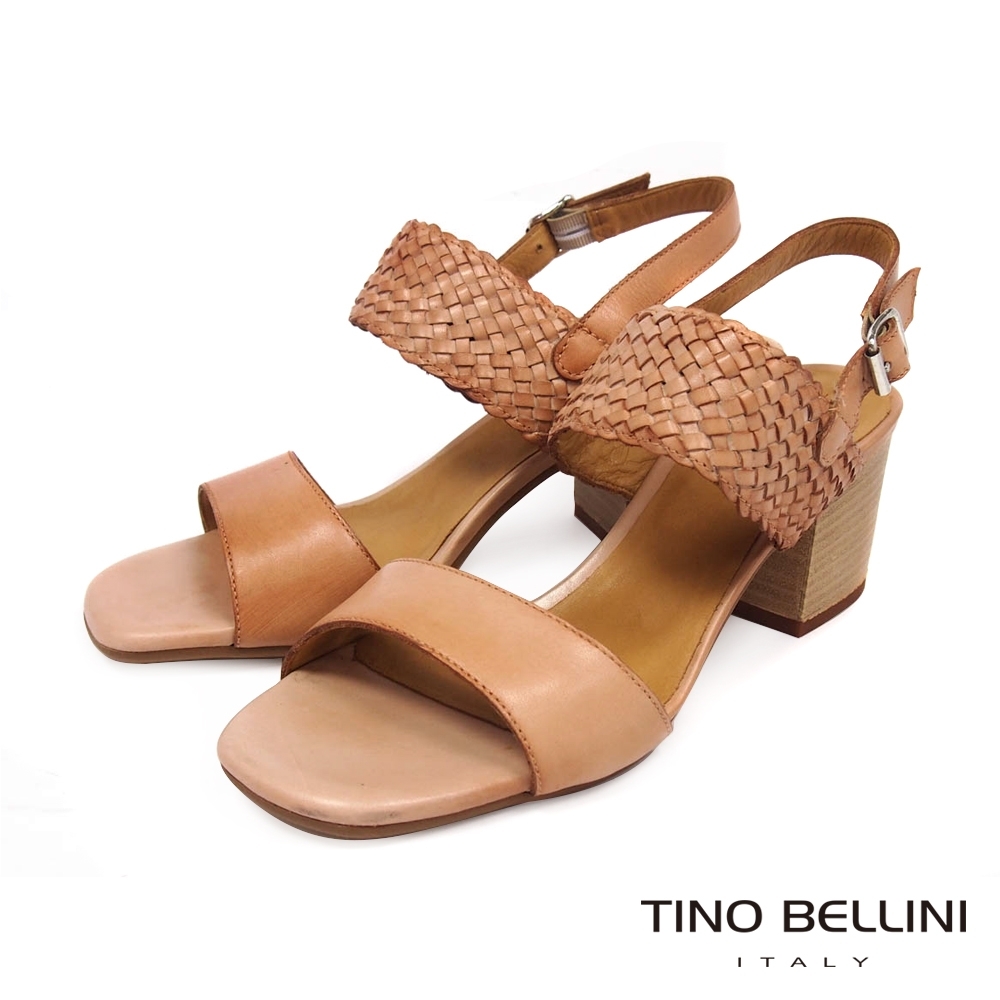 Tino Bellini 典雅細膩羊皮編織工藝高跟涼鞋-淺駝