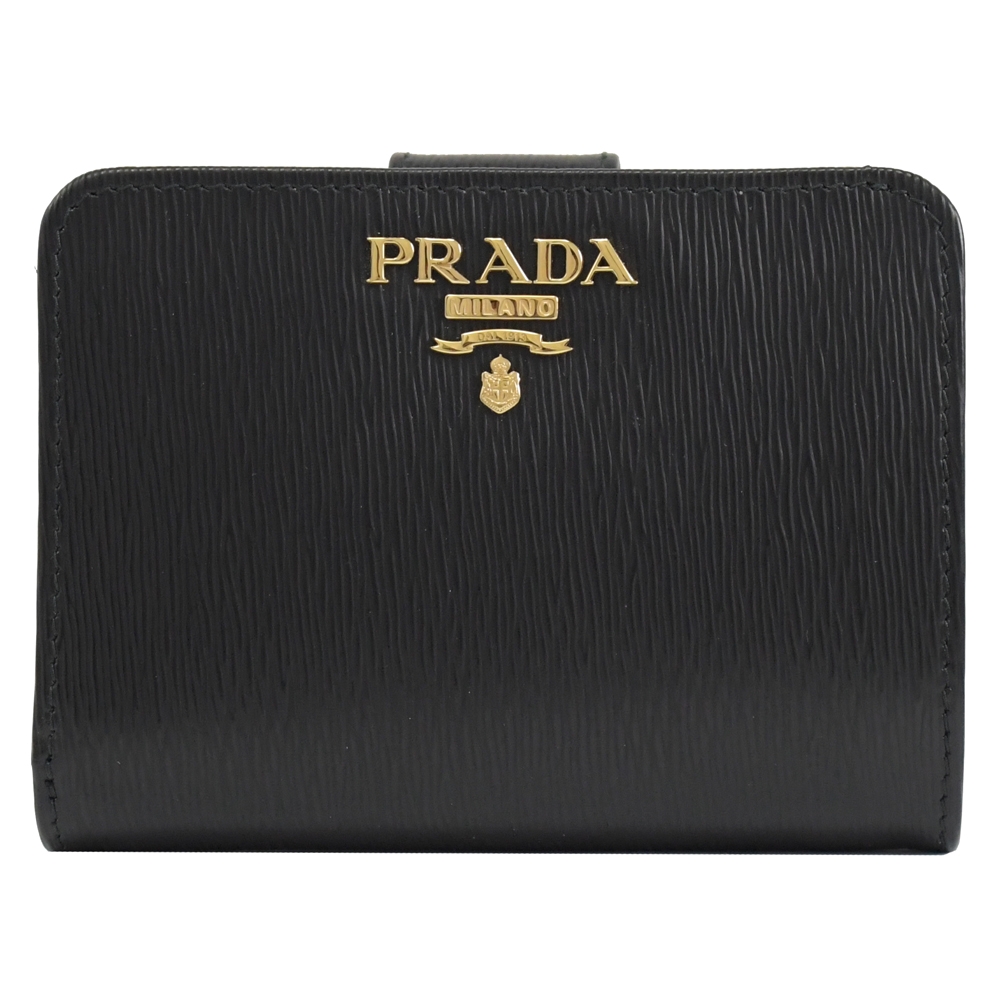 PRADA 金屬LOGO水波紋釦式零錢短夾(黑)