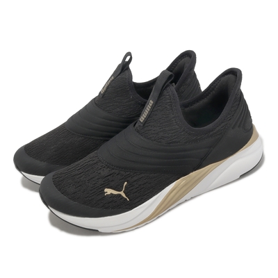 Puma 慢跑鞋 Softride Sophia 2 Slip Metal 女鞋 黑 金 襪套 無鞋帶 運動鞋 37878901