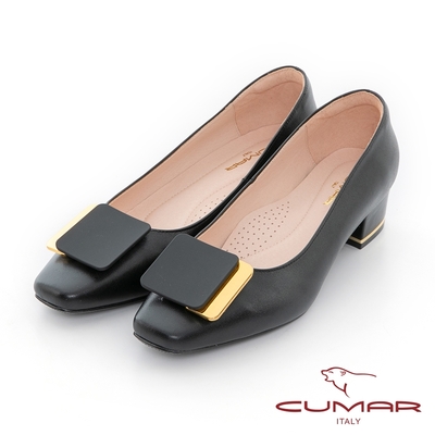 【CUMAR】小方頭簡約方式釦低根粗跟鞋-黑色
