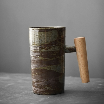 木柄窯燒陶瓷馬克杯-綠海棕(陶瓷 馬克杯 杯 杯子 水杯 日式茶杯)