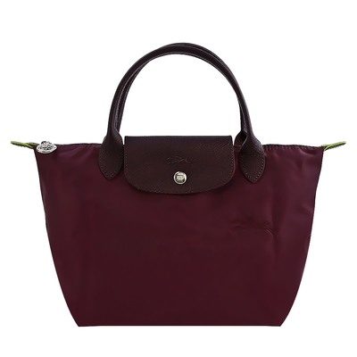 LONGCHAMP LE PLIAGE GREEN系列刺繡短把再生尼龍摺疊水餃包(小/酒紅)