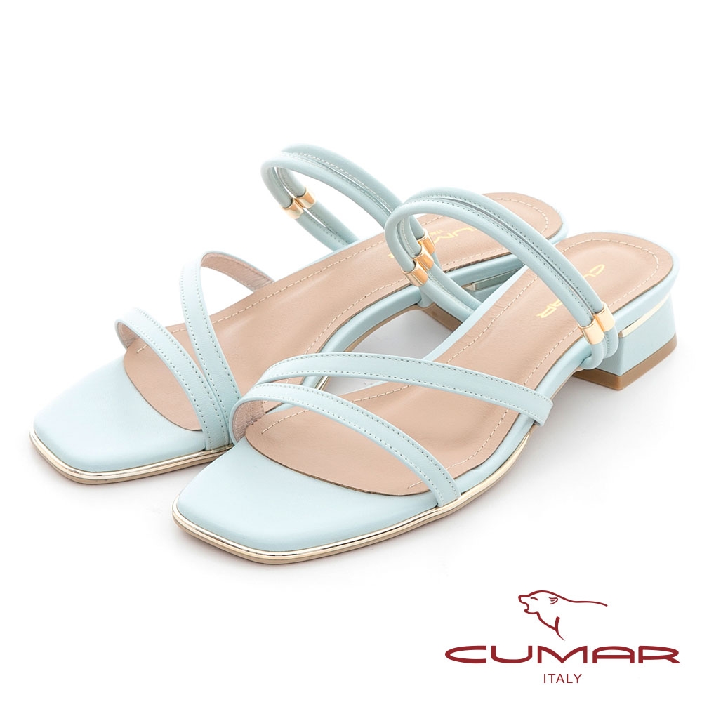 【CUMAR】兩穿式不對稱線條粗跟低跟涼鞋-水藍