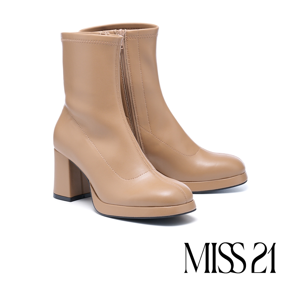 短靴 MISS 21 復古時髦純色側拉鍊方頭水台高跟短靴－駝