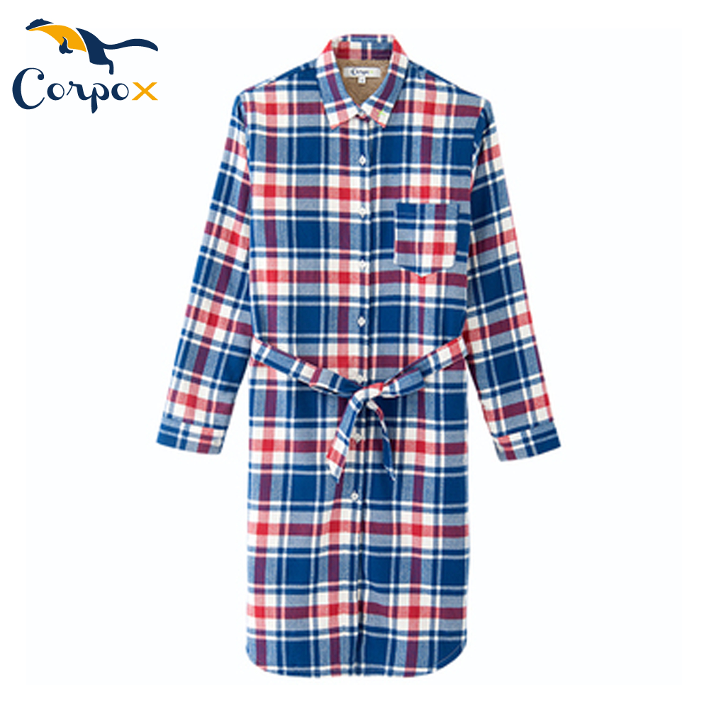 CorpoX-女款舒棉絨發熱法蘭絨長版襯衫外套-藍紅格紋