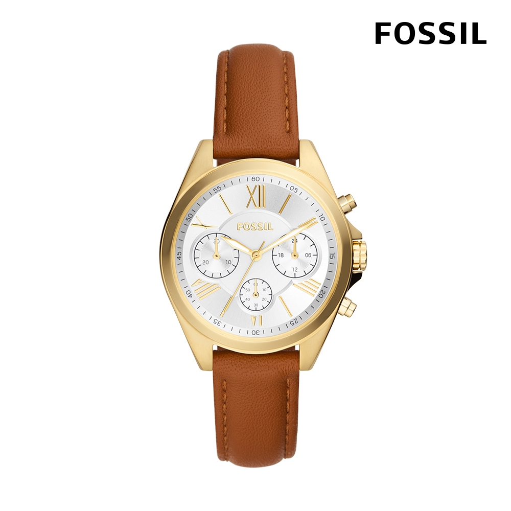 FOSSIL Modern courier 氣質雅仕羅馬數字三眼女錶棕色真皮錶帶36MM