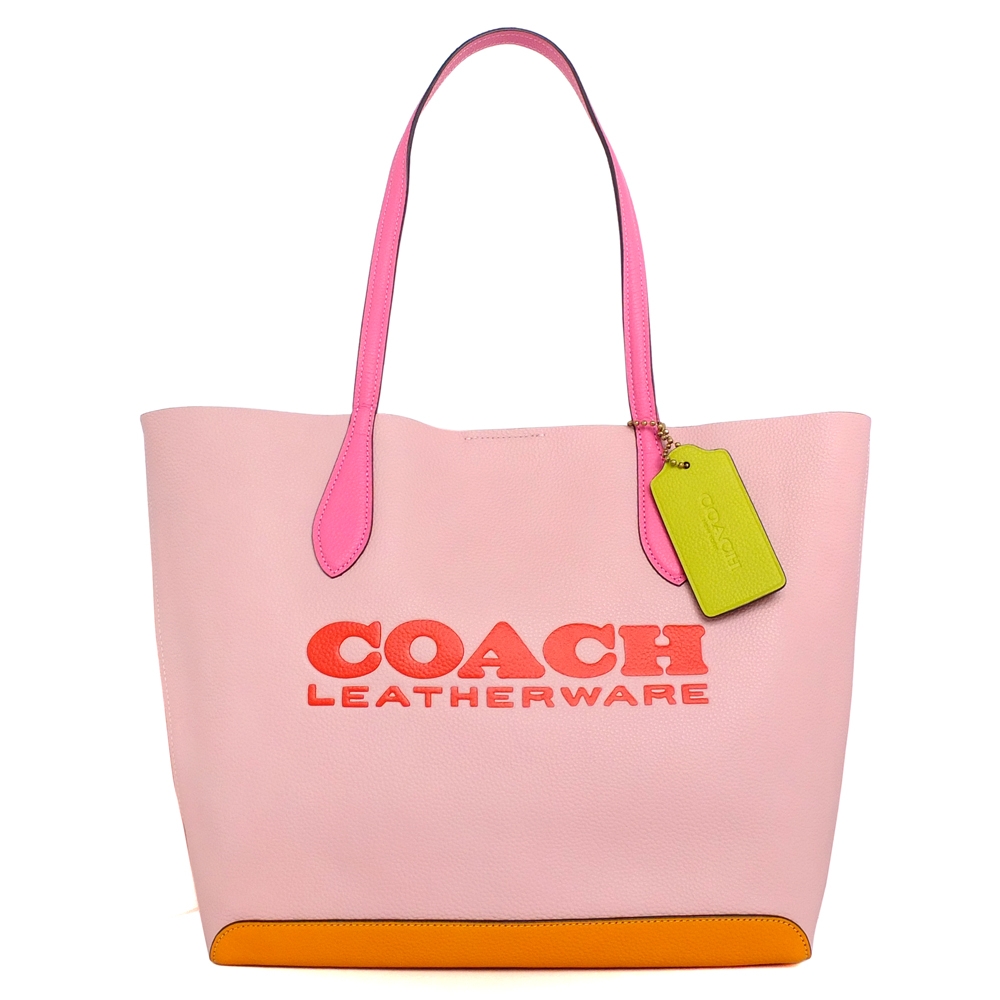 COACH粉紅橙色POP字樣軟皮肩背托特包