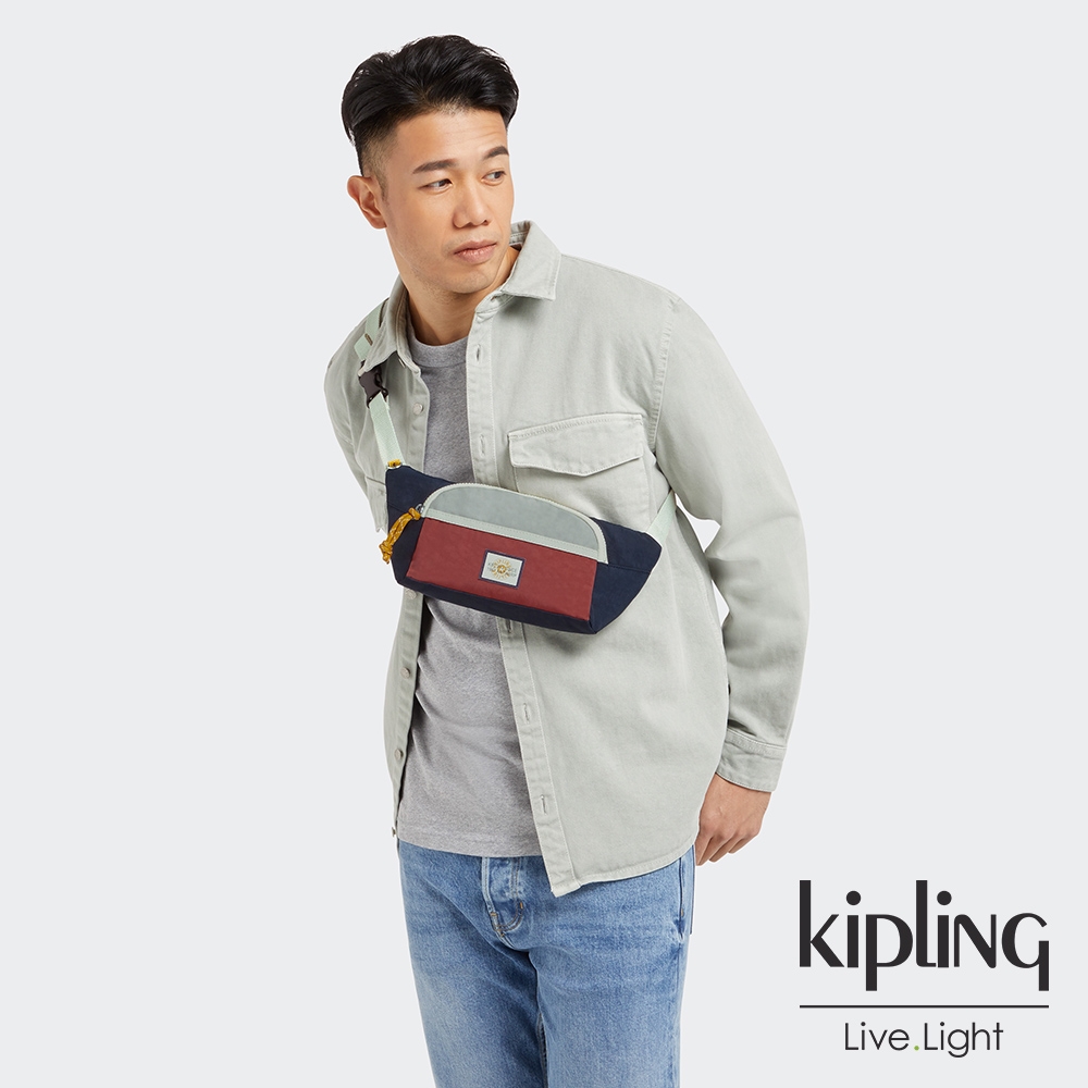 Kipling 帥氣藍撞復古紅單層拉鍊造型小包-YURA