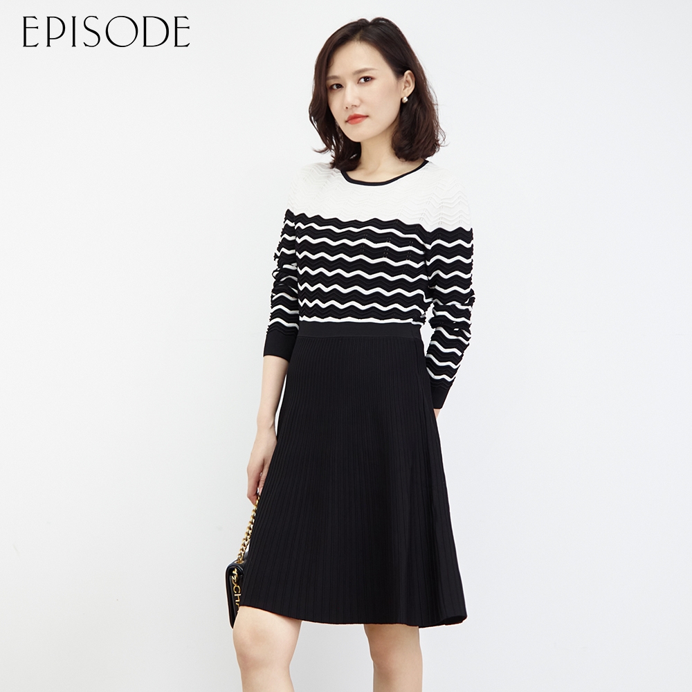 EPISODE - 精緻條紋收腰飄逸裙擺長袖針織洋裝E30540（黑）