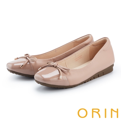 ORIN 異材質拼接蝴蝶結真皮方頭平底鞋 粉色