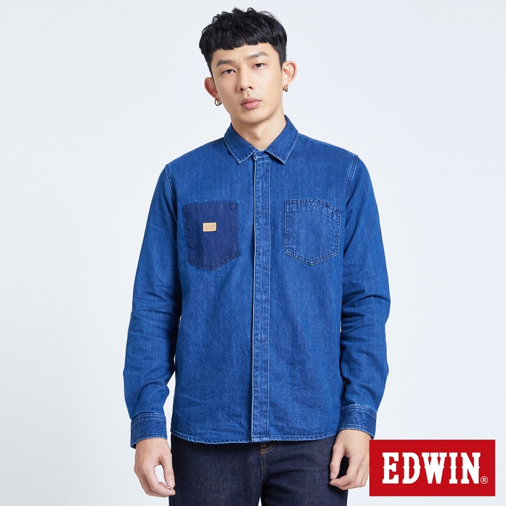 EDWIN 牛仔工裝襯衫-男-拔洗藍
