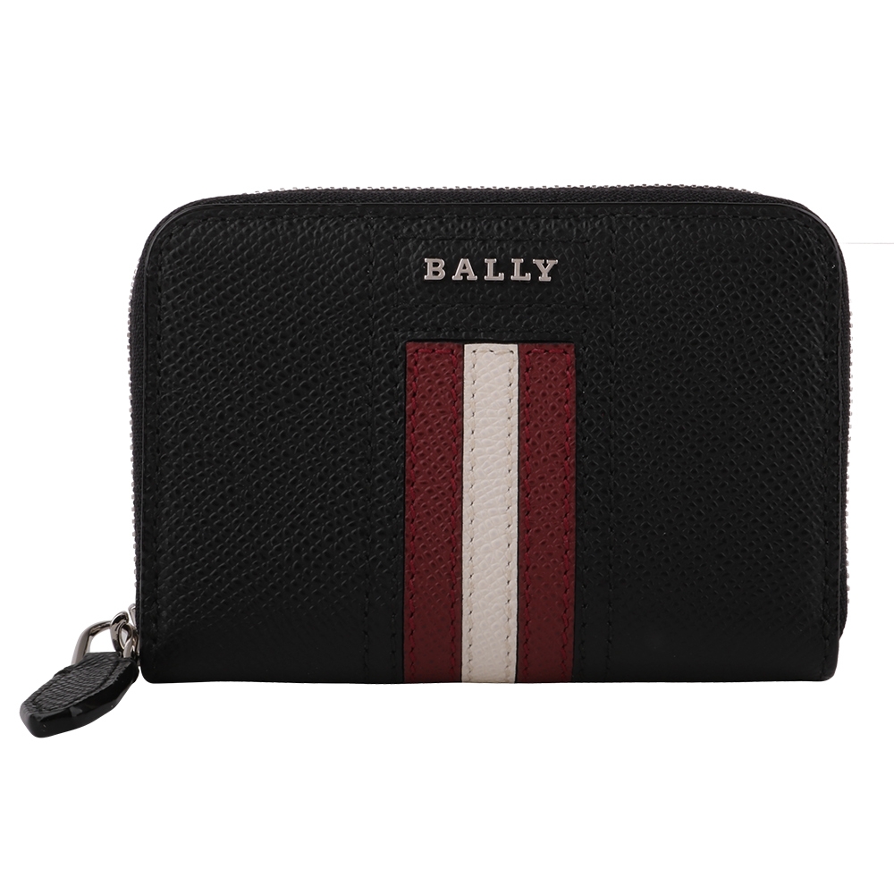 BALLY 金屬銀字紅白條槓防刮皮革ㄇ型卡夾/零錢包(黑)