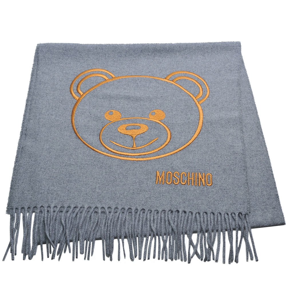 MOSCHINO 義大利製大品牌TOY小熊LOGO 100%羊毛圍巾(灰色系)