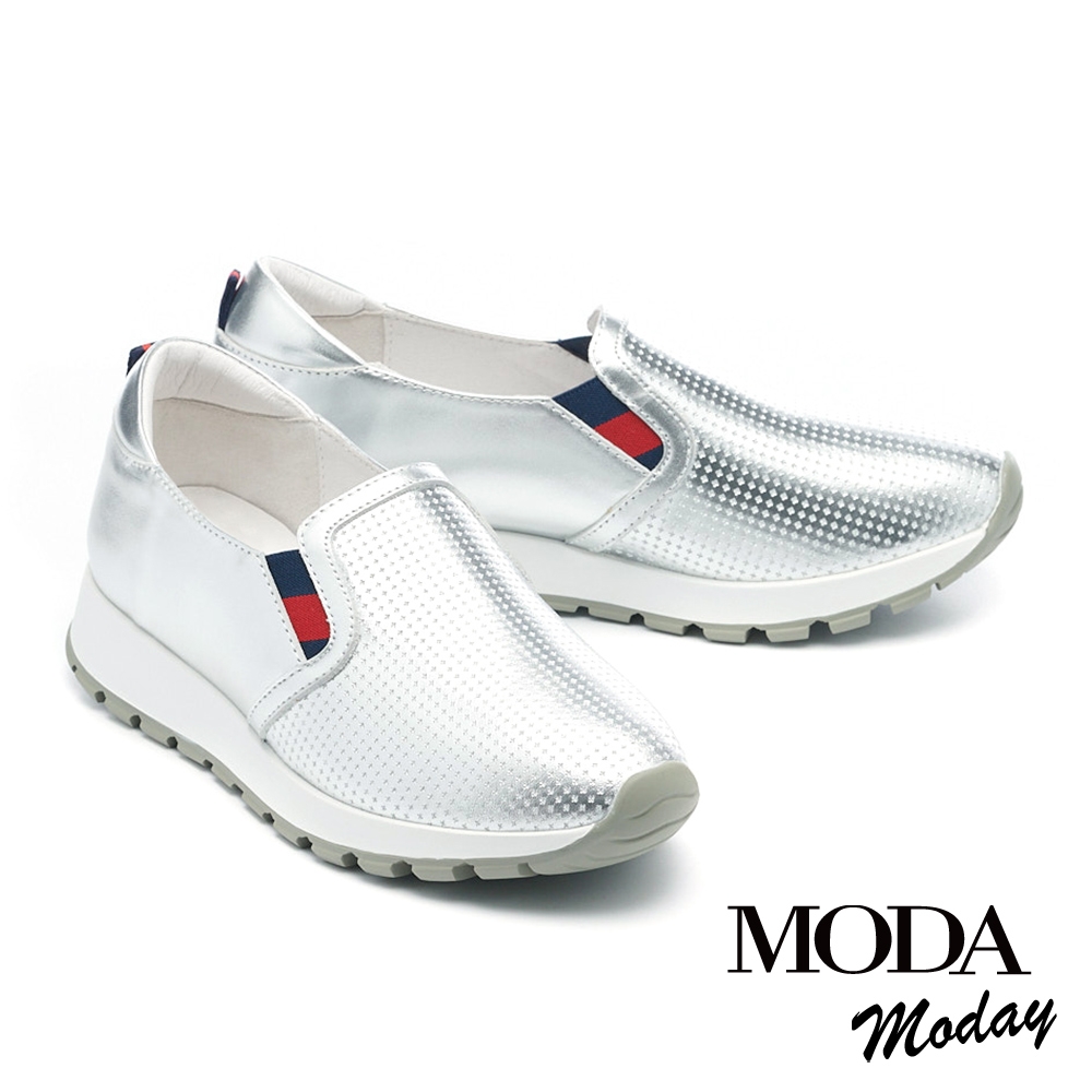 休閒鞋 MODA MODAY 極簡百搭十字紋理全真皮厚底休閒鞋－銀