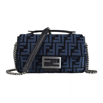 FENDI Baguette Chain雙F LOGO絨布翻蓋釦式鏈帶斜背肩背包(中/海軍藍)