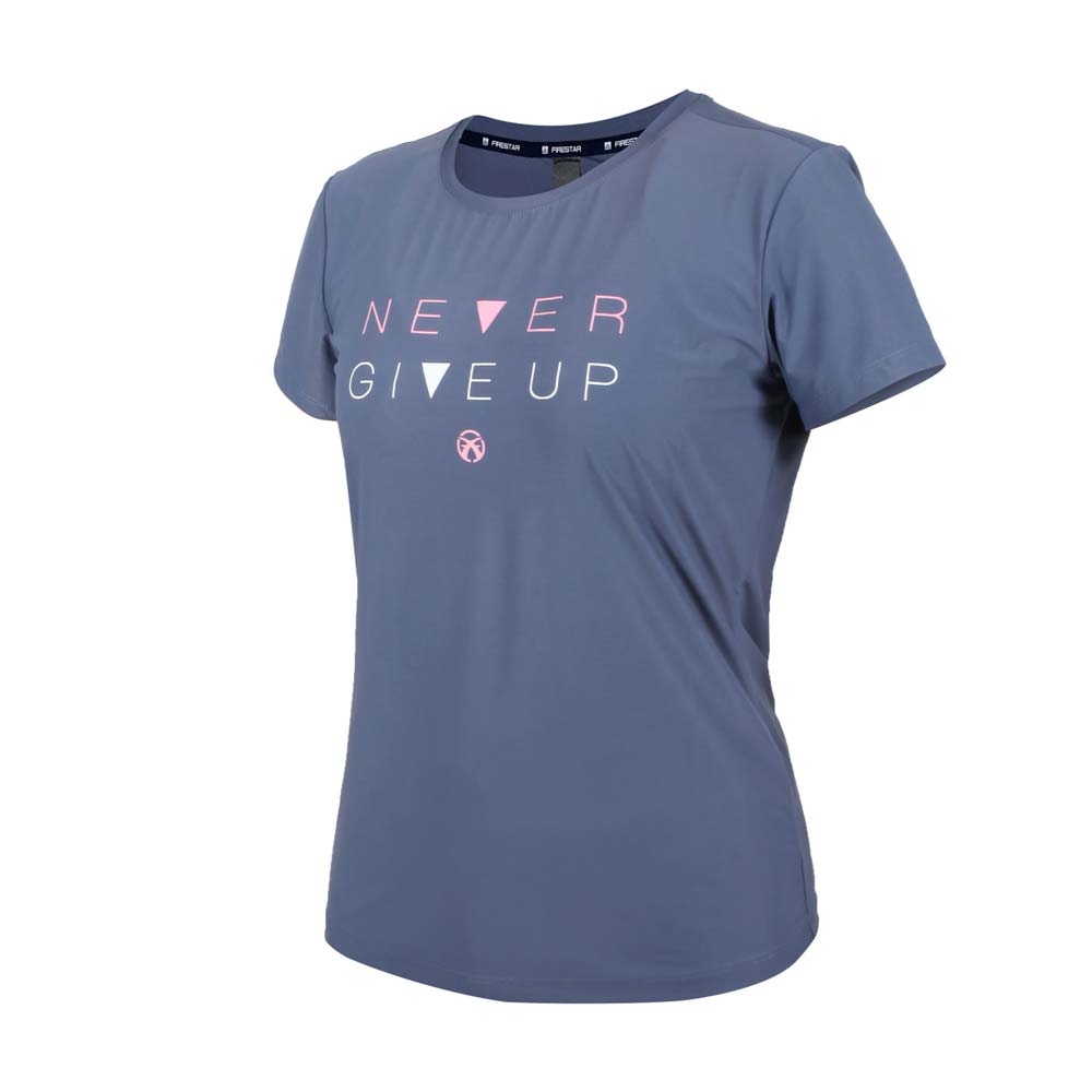 FIRESTAR 女彈性印花短袖T恤-慢跑 路跑 涼感 運動 上衣 反光 DL266-13 霧紫粉白