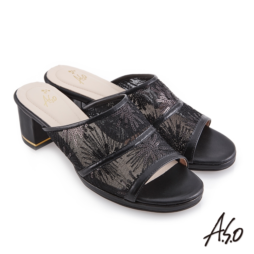 A.S.O 時尚流行 優雅時尚網布時髦粗跟涼鞋-黑