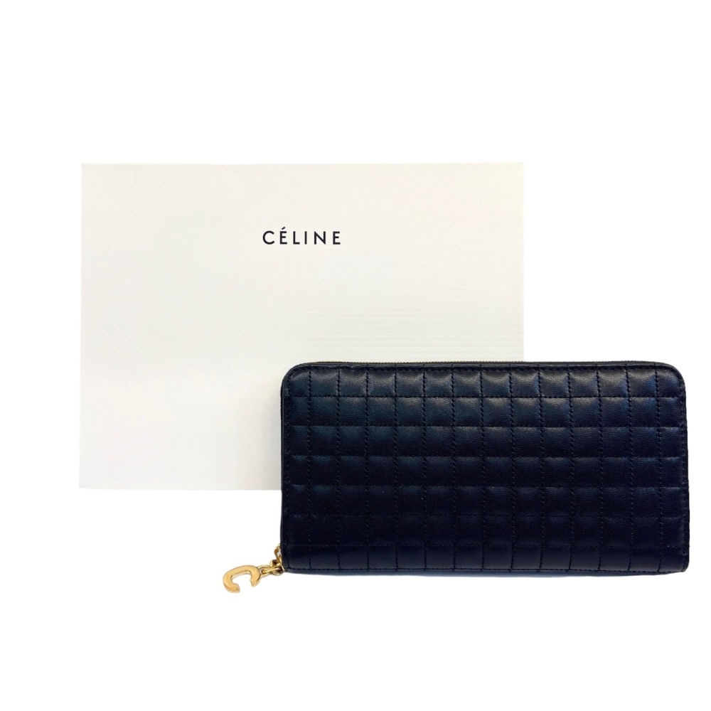 CELINE C CHARM金字LOGO格紋縫線牛皮12卡拉鍊長夾(黑金)