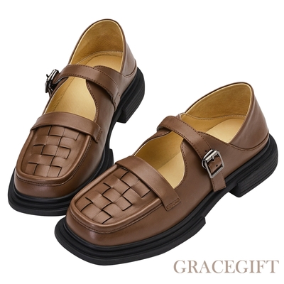 【Grace Gift】逸歡聯名-花樣少女編織瑪莉珍樂福鞋 咖